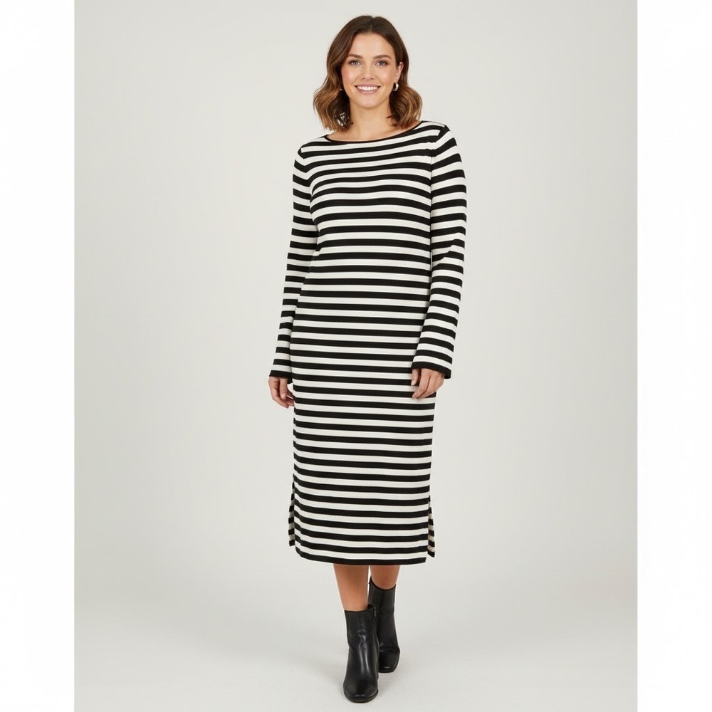 Ann Taylor Striped Sweater Dress Large Long Sleeve Boat Neck Wool Midi‎ Dress